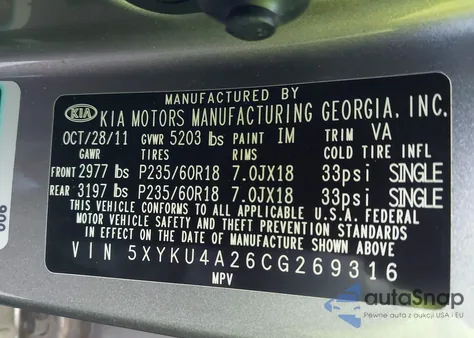 2012 Kia Sorento Ex V6 из США, поврежденный, VIN 5XYKU4A26CG269316